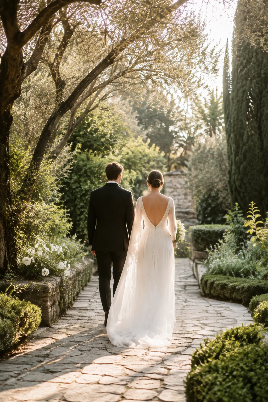 Casal caminhando de mãos dadas por um jardim iluminado pelo sol